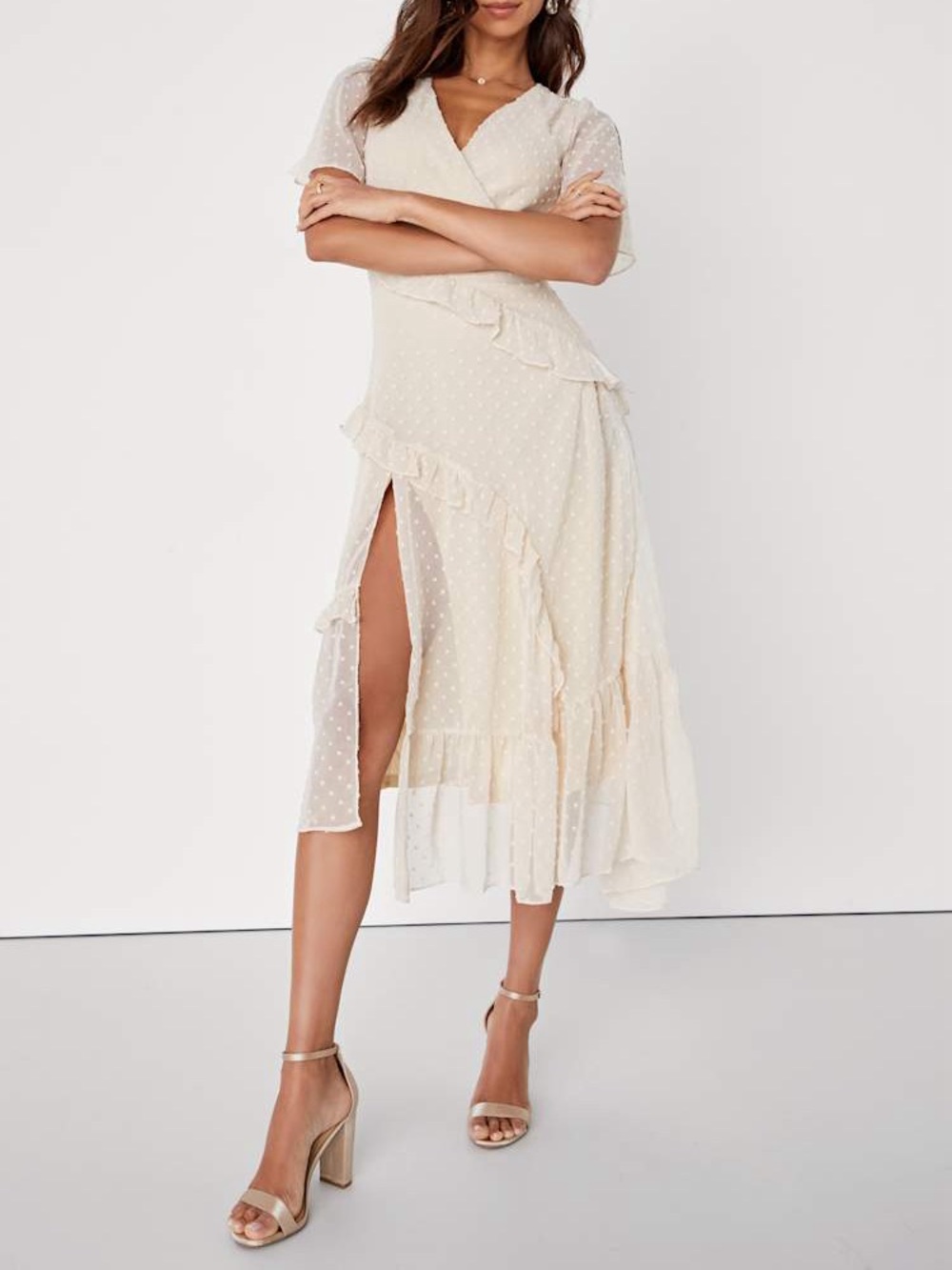 Lulus Next to You Cream Swiss Dot Ruffled Midi Dress Size Small